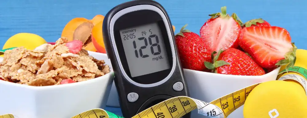 Picture of breakfast cereal, strawberries, measuring tape, and monitor